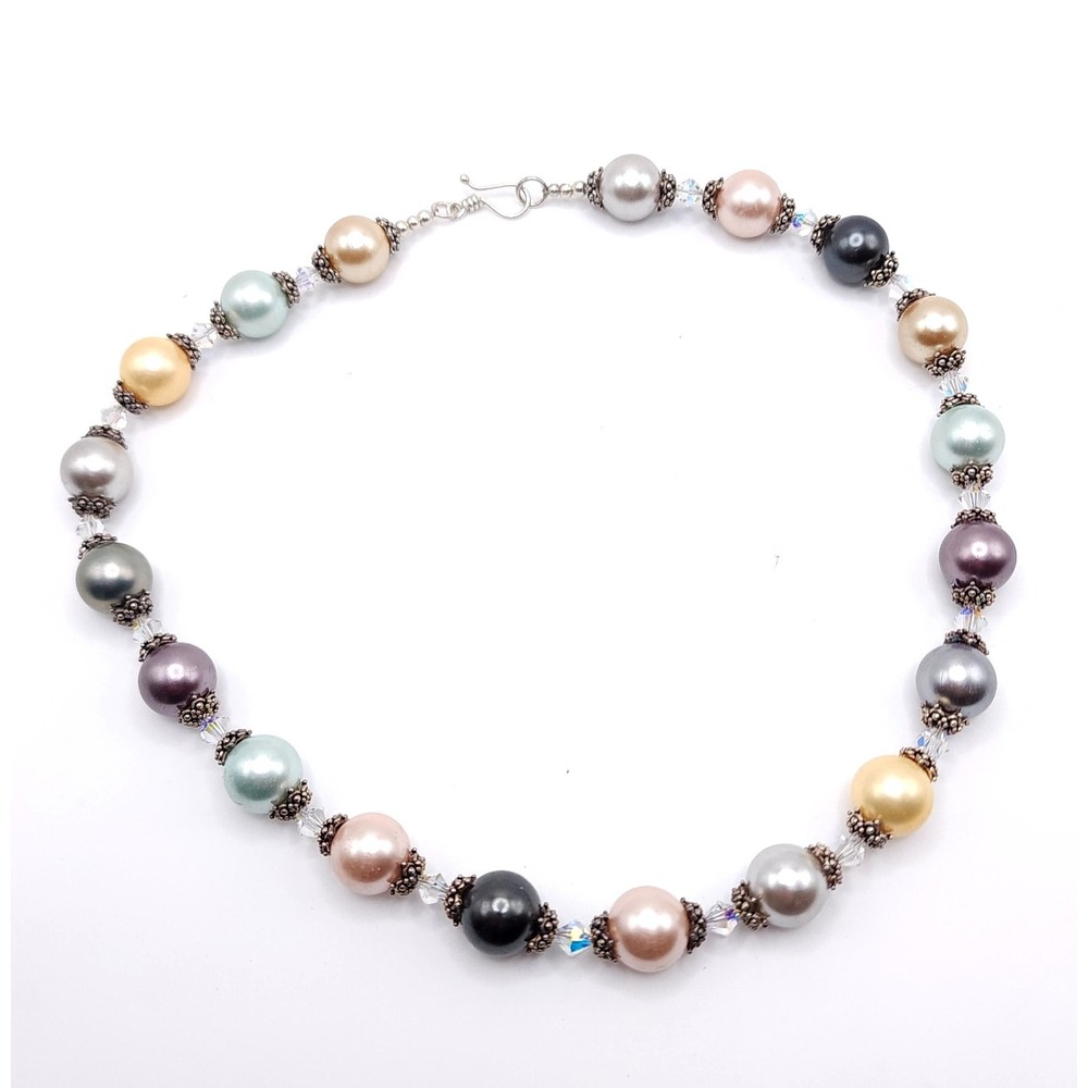 Vintage Multicolor Faux Pearl Necklace Crystal Beaded‎ Silver Tone